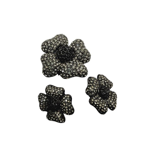 Vintage Signed Carlisle Pave Rhinestone Flower Brooch & Earrings Set (A1202) - Picture 2 of 8
